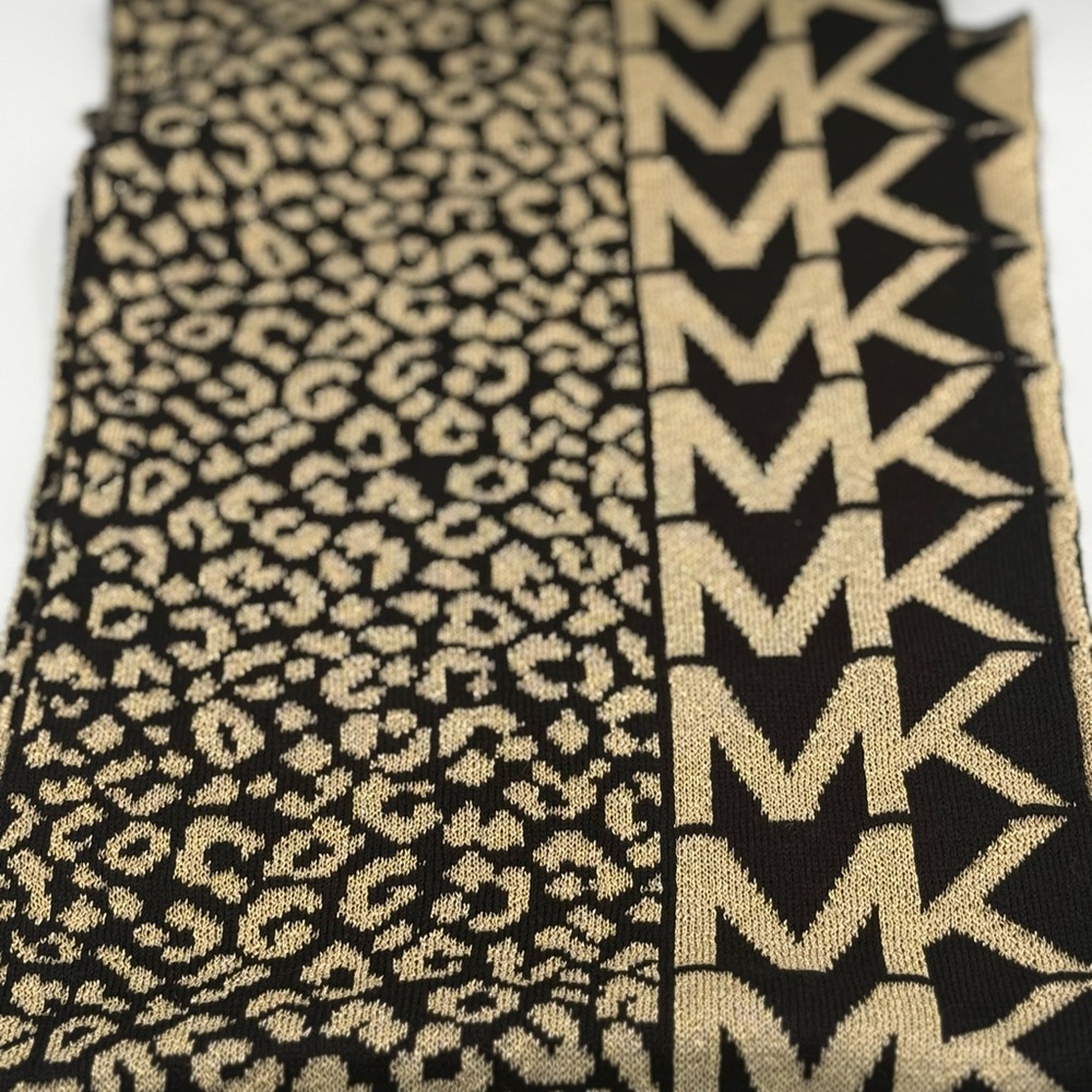 Michael Kors Logo and Leopard Print Scarf in Black and Gold